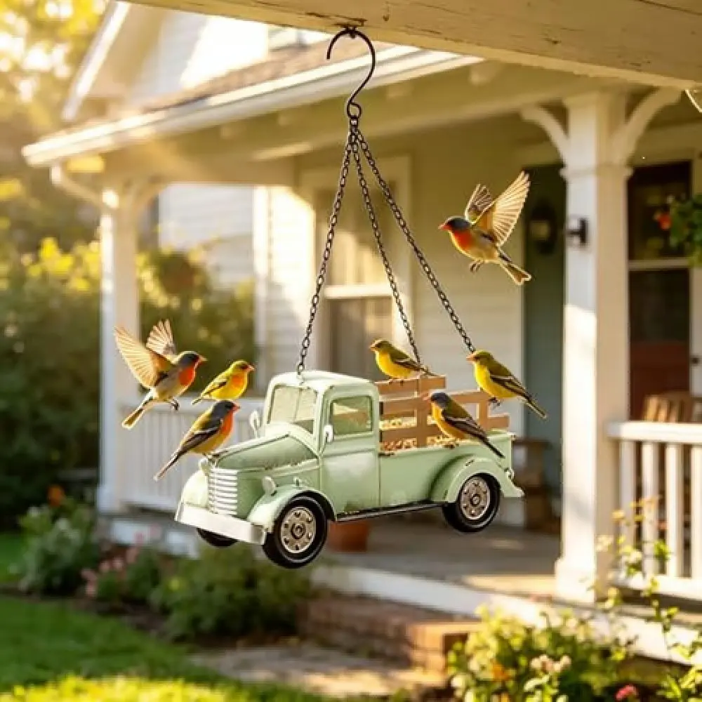 Vintage Truck Bird Feeder Garden Ornament Outdoor Wild Bird Feeding Station Metal Hanging Decoration Yard Patio Decor