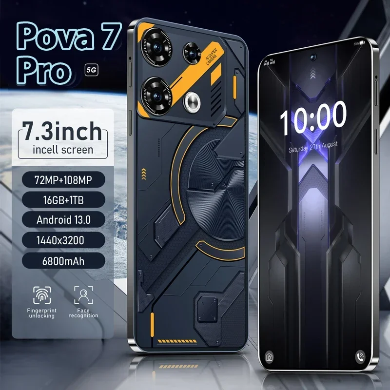 Original 5G Mobile Phone Pova 7 Pro Smartphone 7.3 HD Screen 16G+1T 6800Mah 72MP OTG Android13 Dual SIM Face Unlocked Cellphone