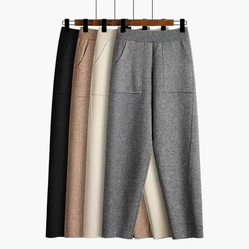 High Waist Knit Wide Leg Pants Elastic Waist Solid Color Pocket Loose Trousers Soft Casual Sweater Pants for American Daily Wear