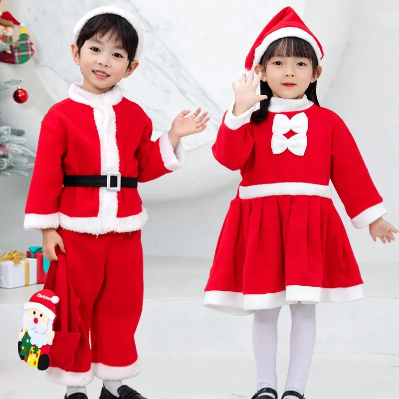 

Christmas Children Clothes Brother Sister Matching Suits Classic Red Santa Costumes Girls Boys Fashion Xmas Outfits