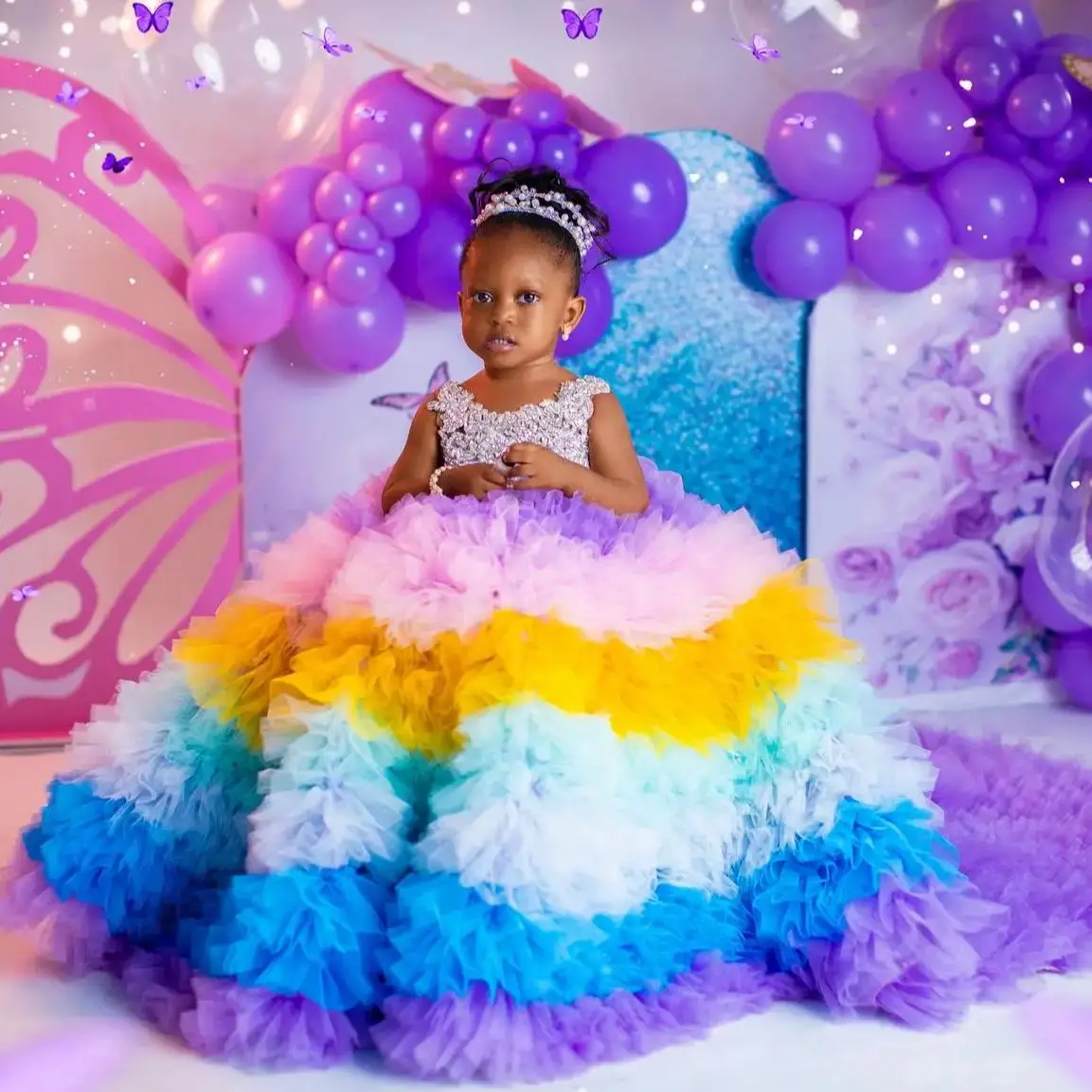 

Colorful Ball Gown Girls Birthday Party Dresses Beaded Crystal Flower Girl Dresses Baby Kids Luxury Princess for Photo Shoot