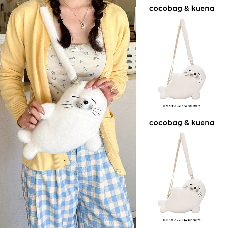Cute seal plush crossbody bag soft furry animal handbag portable mini shoulder purse high aesthetic design for girls autumn
