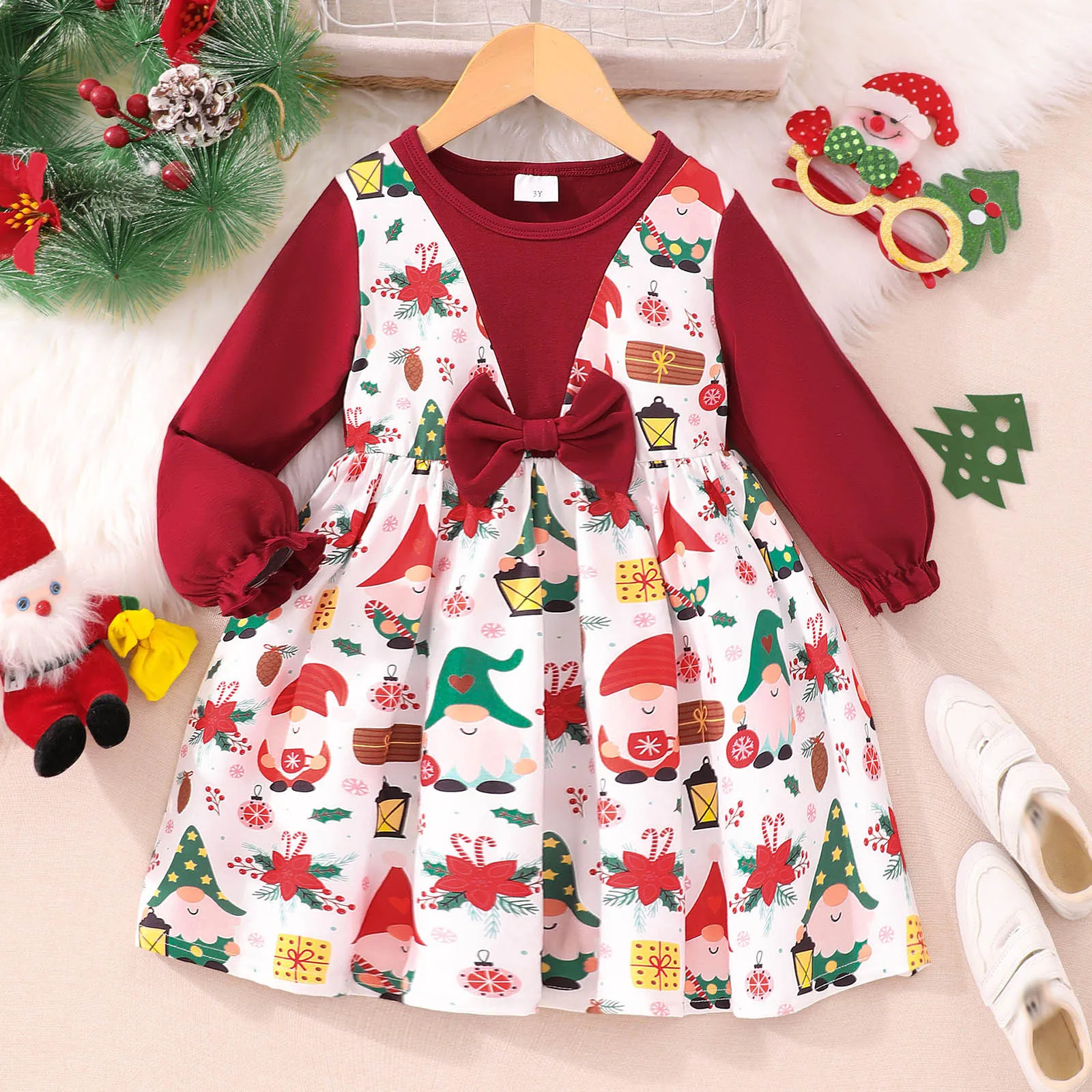 2024 Christmas Kids Girls Dress Long Sleeve Bow Festival Gift Children Dress Sweet Beautiful Cute Soft Comfort Girls Clothing