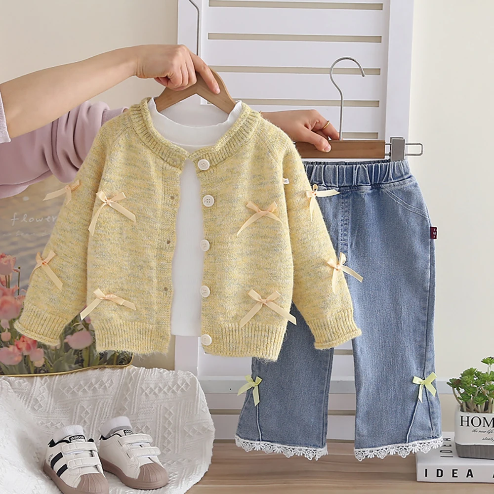 Toddler Girls Knit Bow Cardigans+Long Sleeve T-shirt+Jeans 3Pcs Spring Trendy Children Clothes Sets 2026 New Kids Sweater Suit