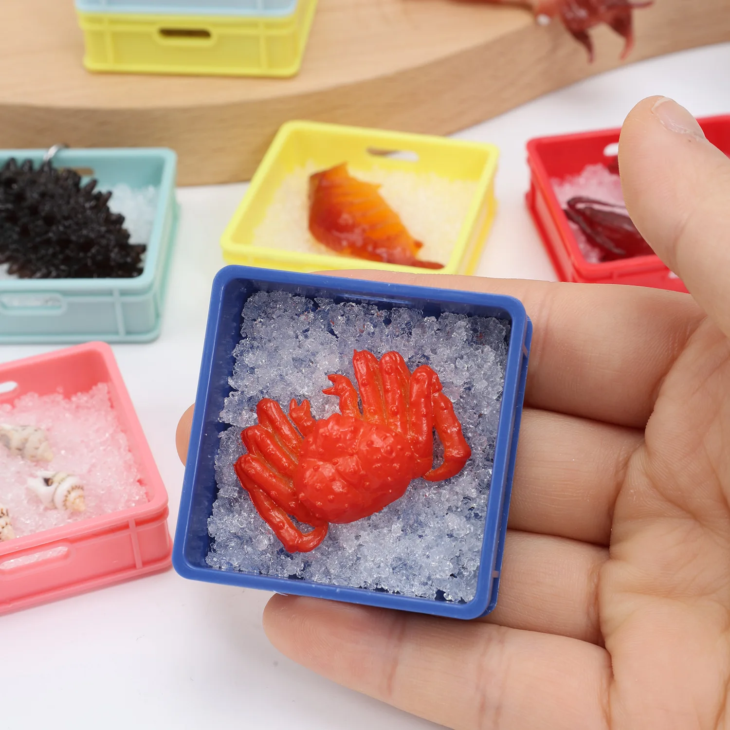 Mini Frozen Seafood Keychain Miniature Seafood Basket King Crab Yellow Croaker Simulation Fake Food Pendant Bag Charm Decoration