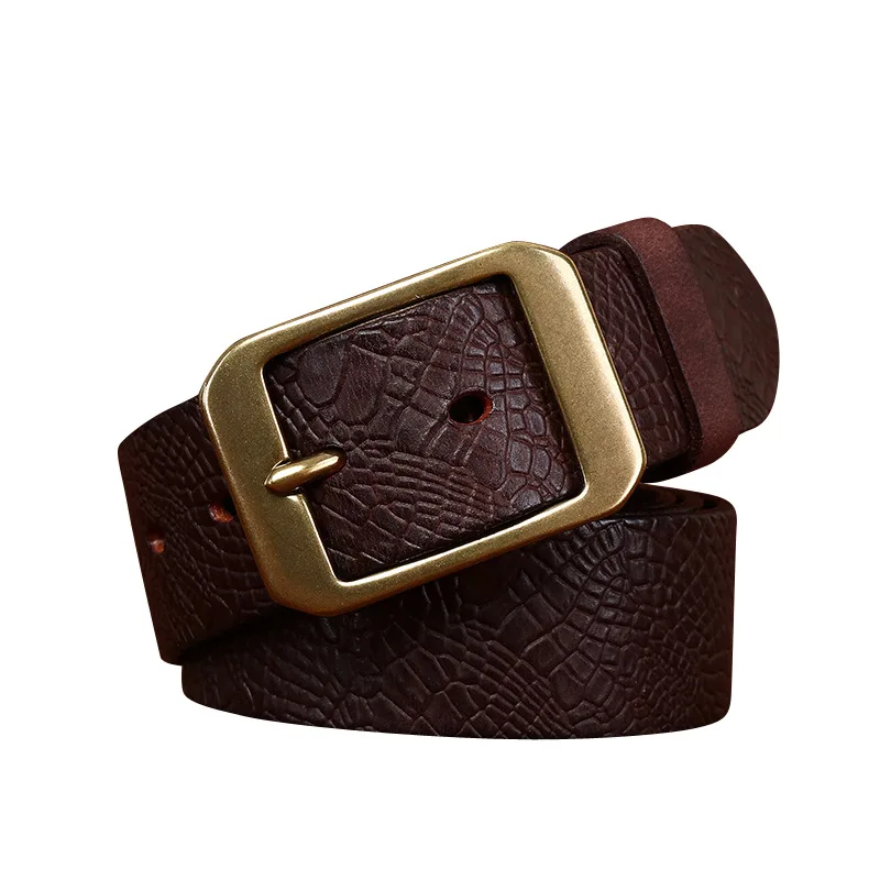 

Classic retro patterned leather belt with genuine cowhide for men. Leather buckle. Trendy and versatile casual jeans waist belt.