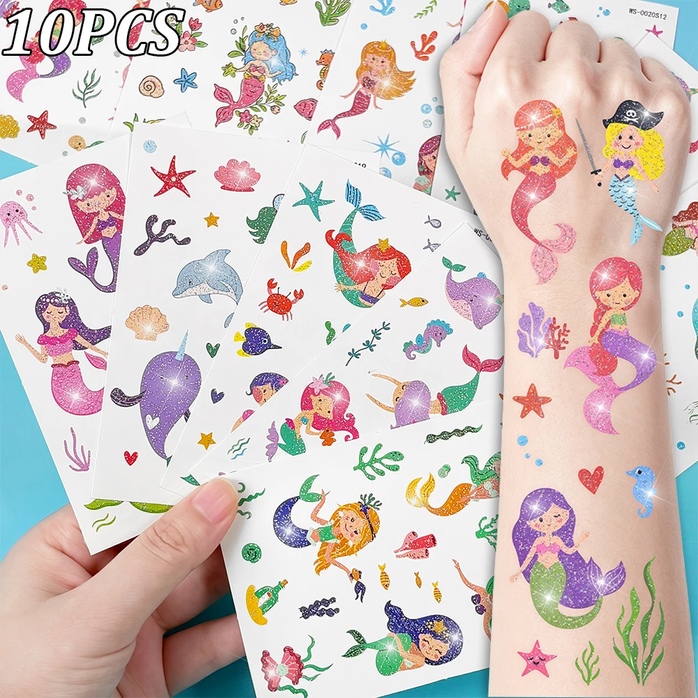 10pcs Shimmer Mermaid Dolphin Temporary Tattoos Stickers Glitter Mermaid Princess Seaweed Fake Tattoos Kids Cartoon Body Sticker