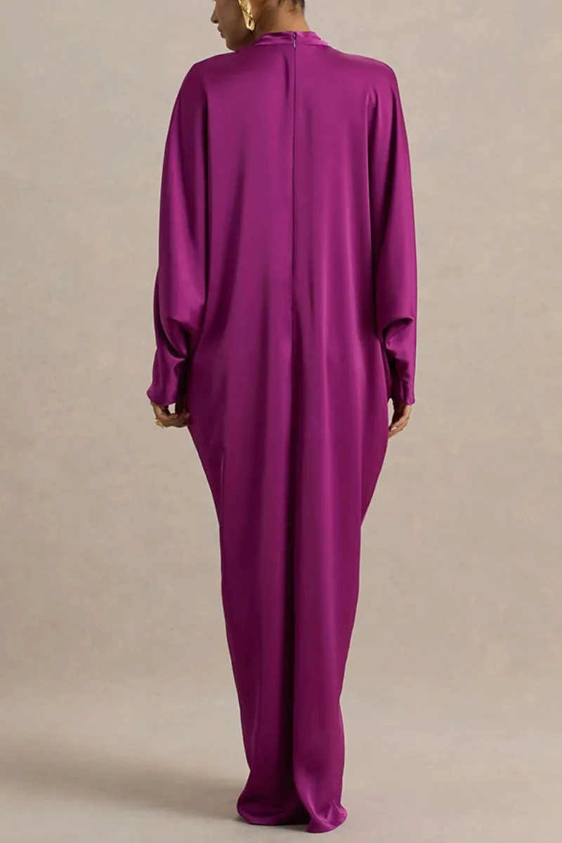 Elegantes Satin-Gastkleid für Damen mit Tiefem V-Ausschnitt, Fledermausärmeln, Gerafftem Design, Loser Passform, Party-Kaftan, Abendkleid, Maxikleid – Detail 4