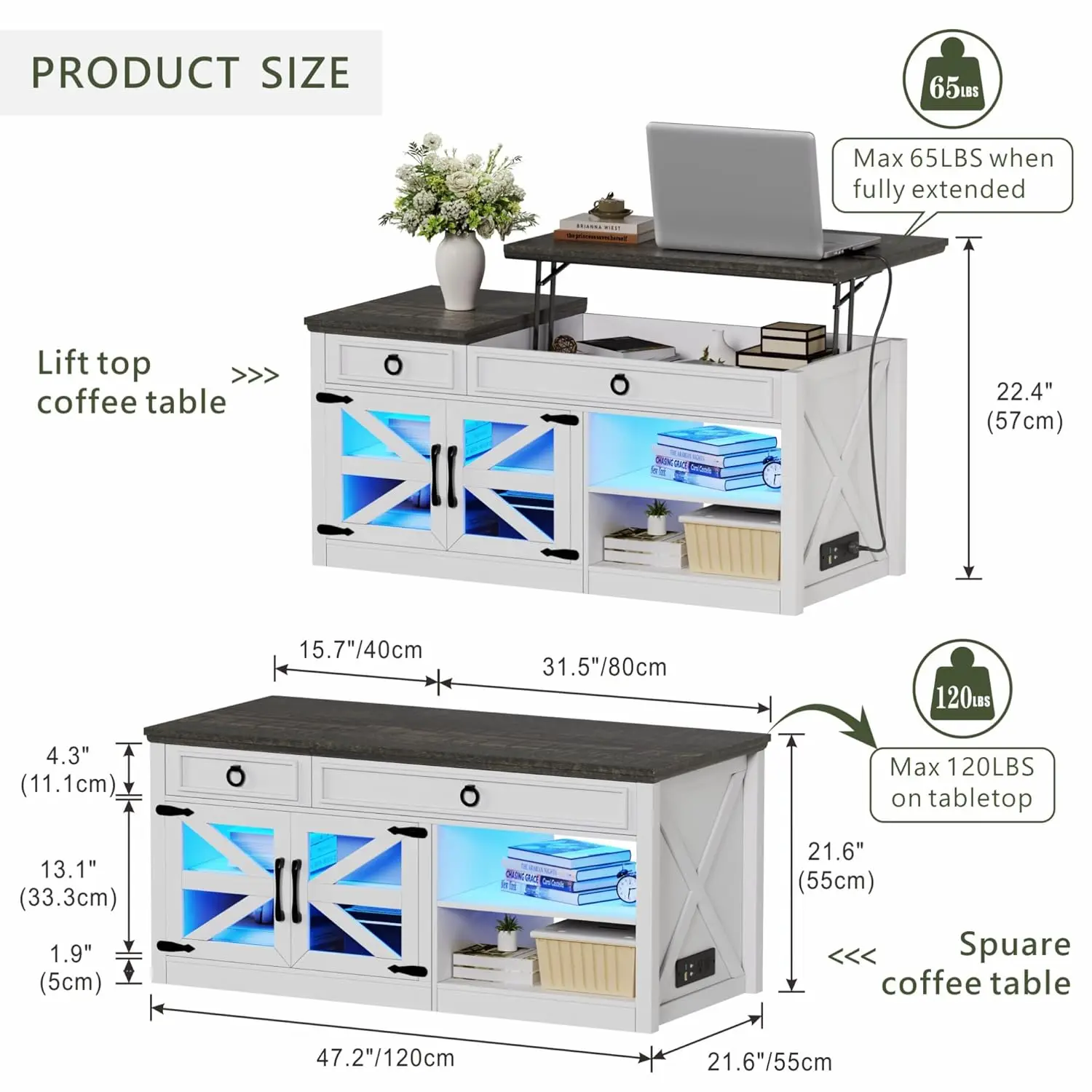 #Lift Top Coffee Table with Charging Station Hidden Compartment 2 Drawers LED Lights Living Room White Customized