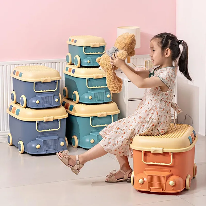 33x25x22cm Children's Toy Storage Box Pulley Design Movable Train Kids Toys Baby Clothes Bin Snack Box Closet Organizer Bookcase