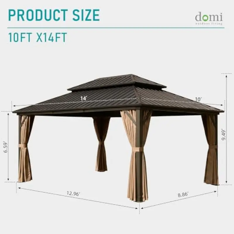 Spacious 10x14 ft rectangular hardtop gazebo with waterproof double-layer roof, powder-coated alloy steel frame, triangular 4x4