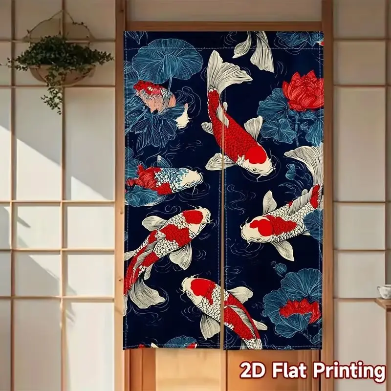 VIKAMA Koi Japanese Half-Door Curtain, Ukiyo-e Lotus and Koi Print Fabric Curtain, Japanese Room Divider Curtain, Home Decor