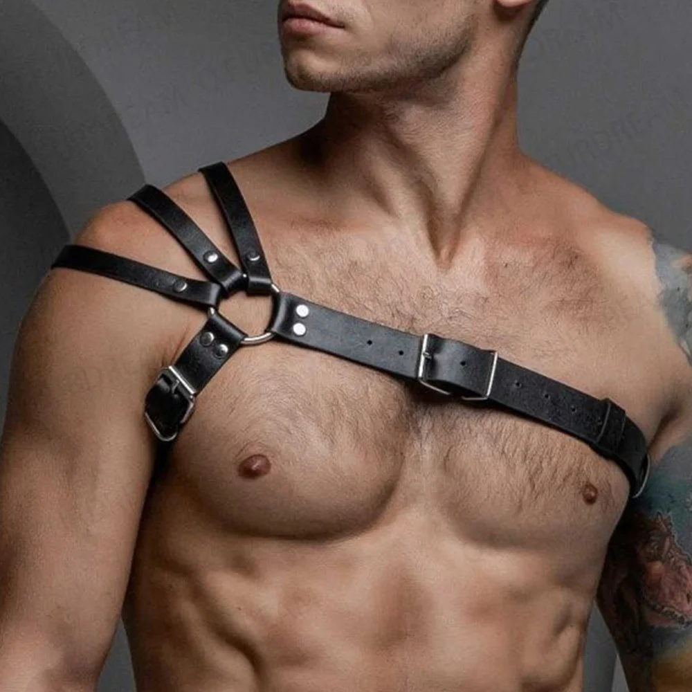 One Shoulder Leather Men\'s Chest Harness Gay Men Bondage Upper Sexy Erotic Fetish Lingerie Body Club Rave Straps Crop