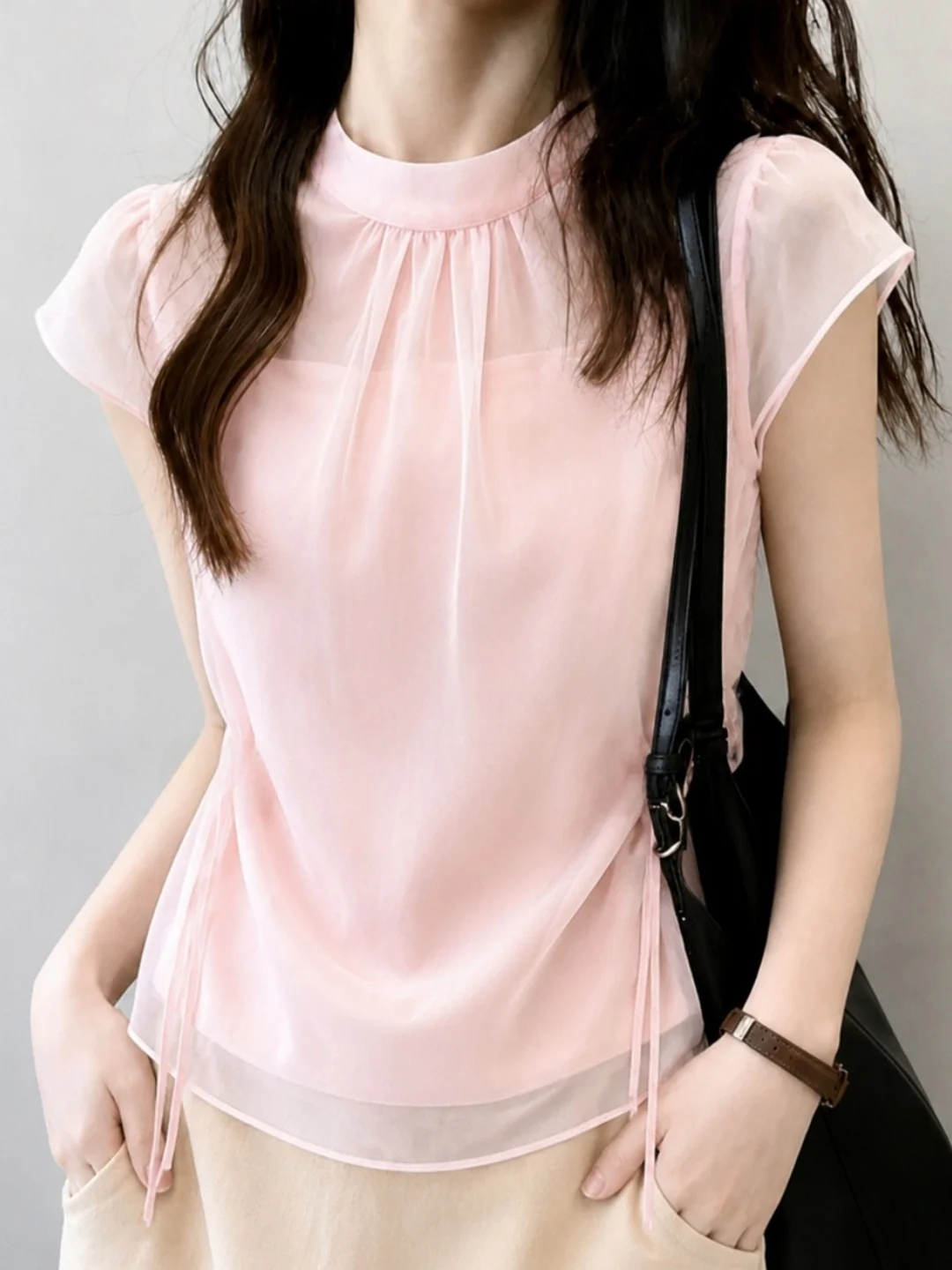 

Sweet Style Short Sleeve Belted Slimming Top Comfortable Korean Version Versatile Summer Fashionable Small Shirt