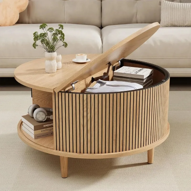 Mid Century Round Coffee Table, Fluted Center Table with Sliding Door, Modern Dining Table with Storage for Home Living Room Off