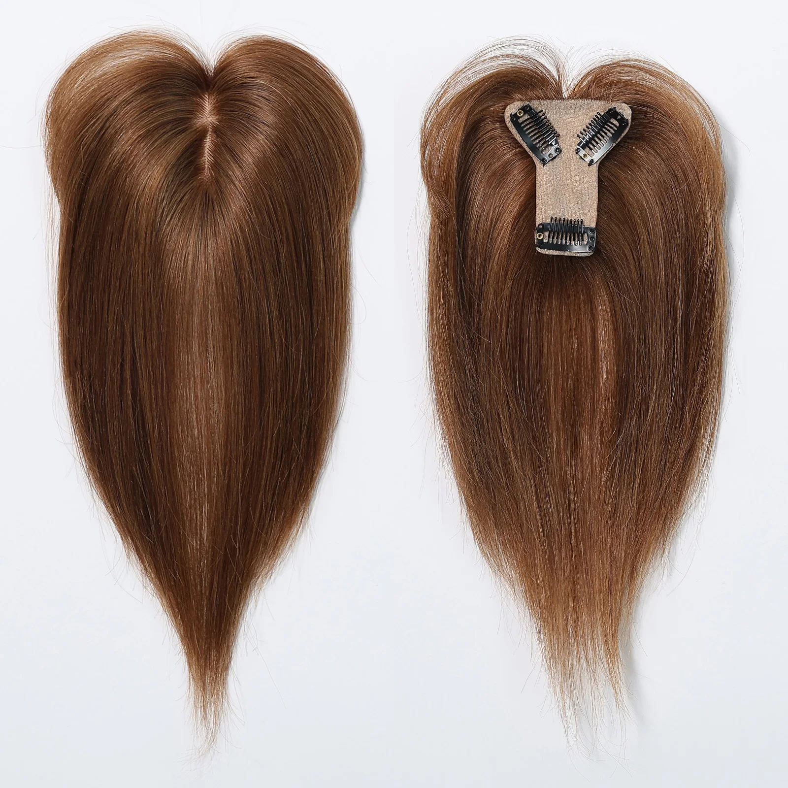 Rambut Asli Remy Warna Cokelat Muda 10 Inci dengan Alas Sutra dan Poni, 3 Jepitan, untuk Wanita, Ekstensi Rambut Asli untuk Penggunaan Sehari-hari