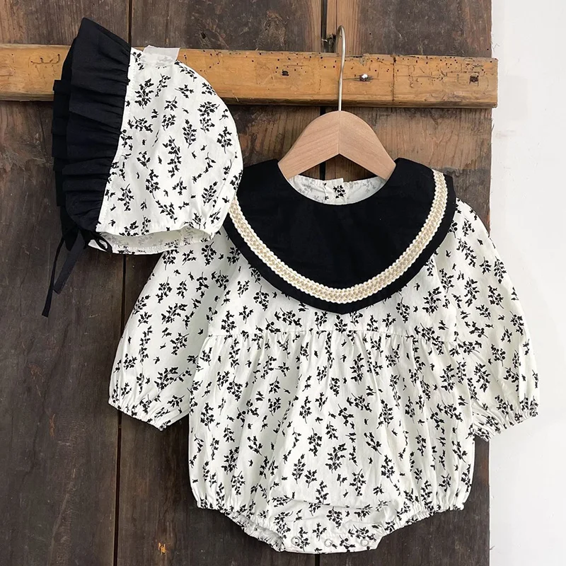 

2024 New Spring Baby Clothing Infant Baby Girls Jumpsuit+Hat Long Sleeved Cotton Printing Splicing Korean Style Climbing Suit