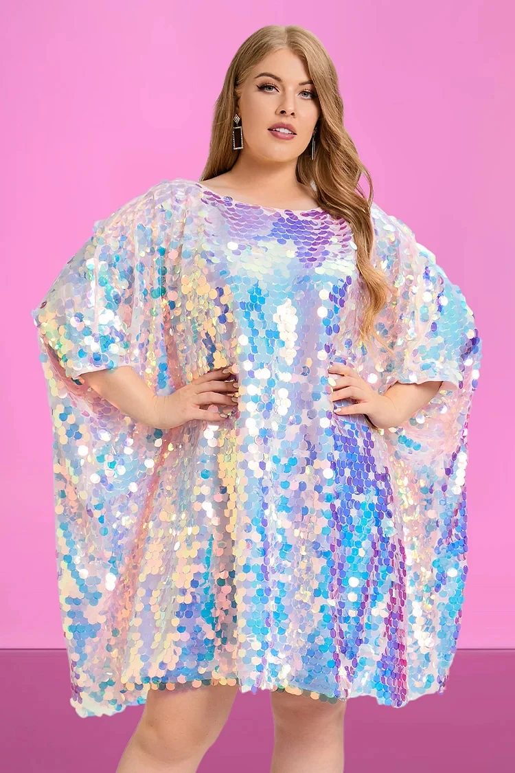 Design Plus Size Party Reflective Sequin Batwing Sleeves One Shoulder Mini Dress