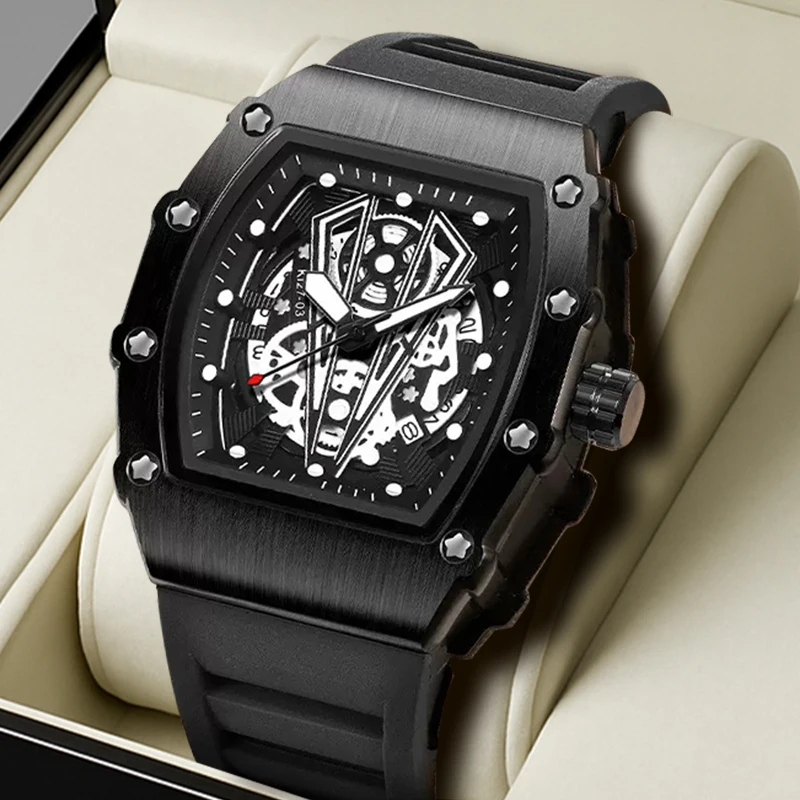 1pcs Men's Black Tape Sports Style Versatile Calendar Inverted Triangle Wine Bucket Quartz Watch