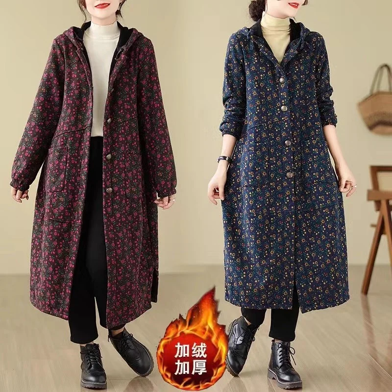 

Теплый плащ в стиле ретро для женщин на осень и зиму, свободная флисовая ветровка большого размера с длинным капюшоном, одежда w1292