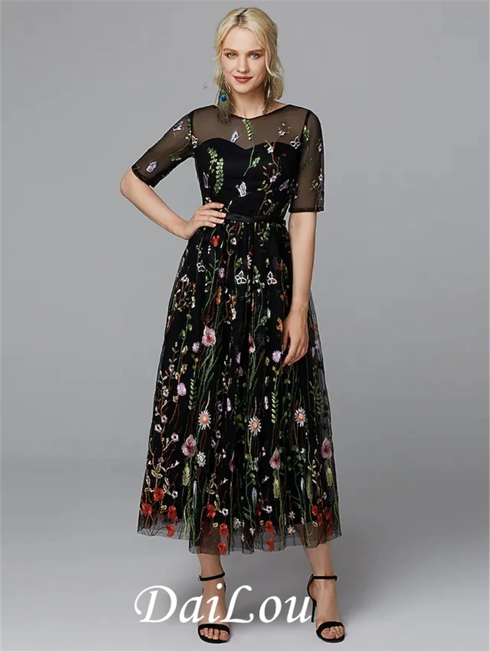 Floral Holiday Cocktail Party Valentine's Day Dress Illusion Neck Half Sleeve Tea Length Lace with Embroidery Appliques