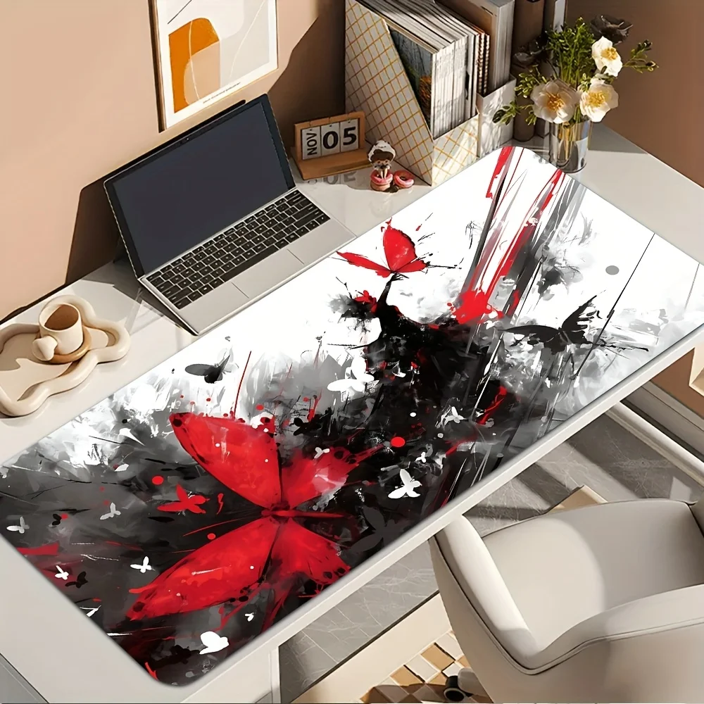 Ink Wash Red Butterfly Large Mouse Pad, XL Gaming Desk Mat, Non-Slip Rubber Base, Aesthetic Office Pad