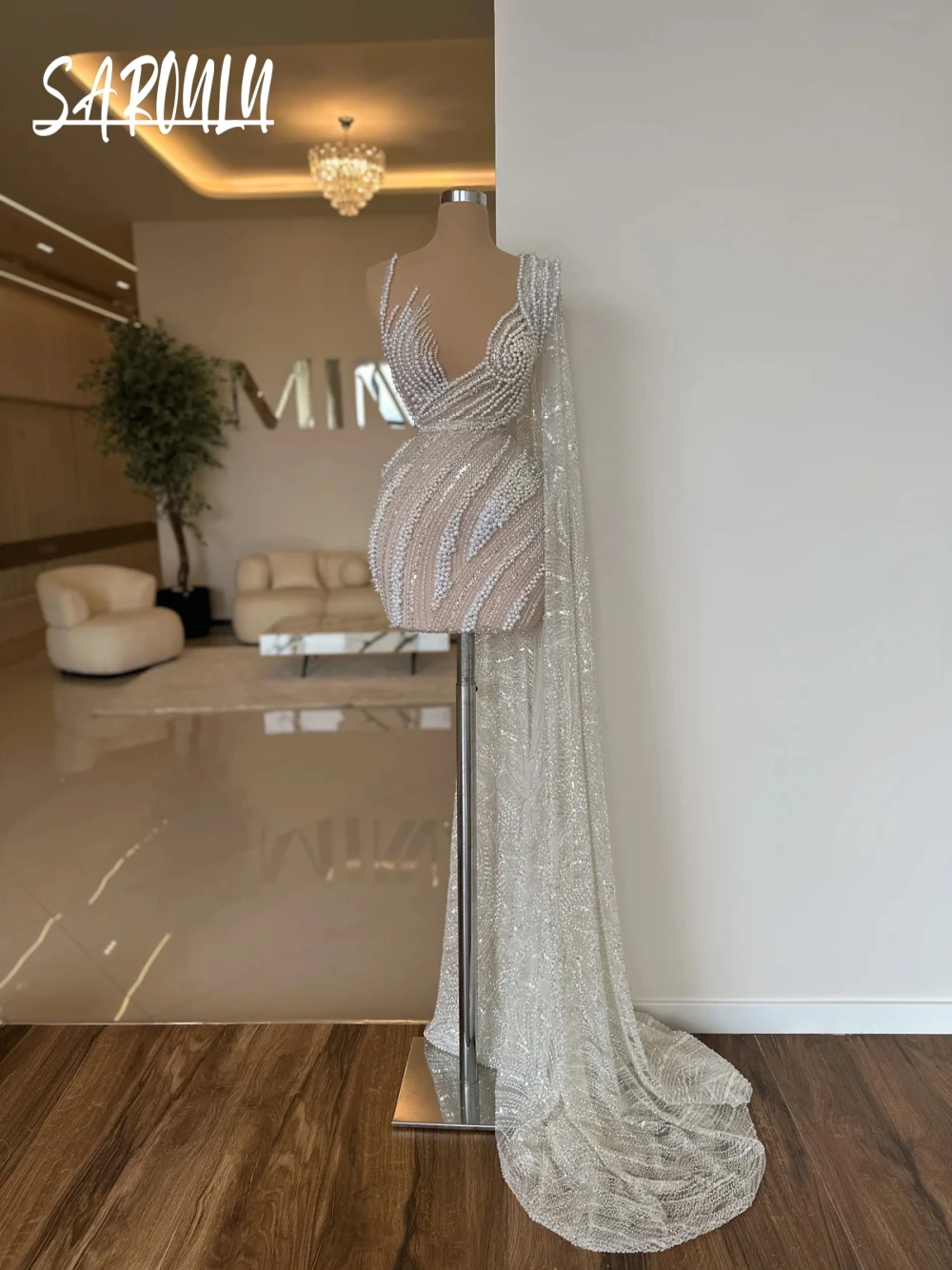 

White Pearls Short Evening Dress Customized One Cape Sleeve Chic Wedding Party Women Wear Romantic Beaded Cocktail Gown