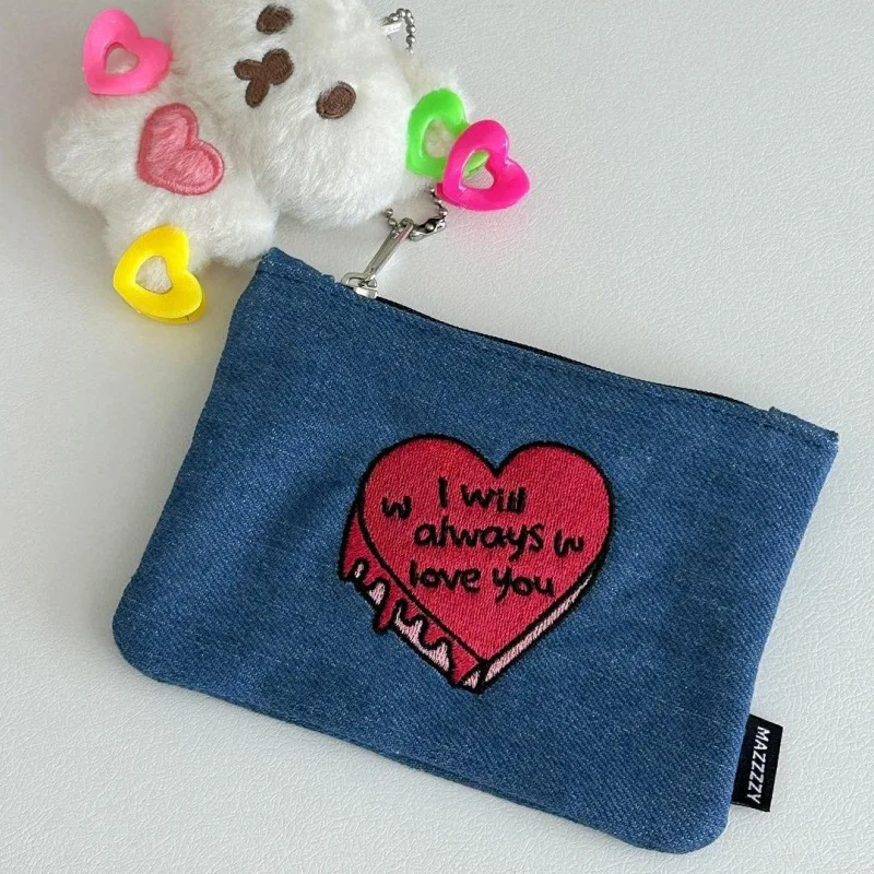 Love Heart Embroidered Denim Coin Purse Cute Mini Lipstick Coin Storage Bag