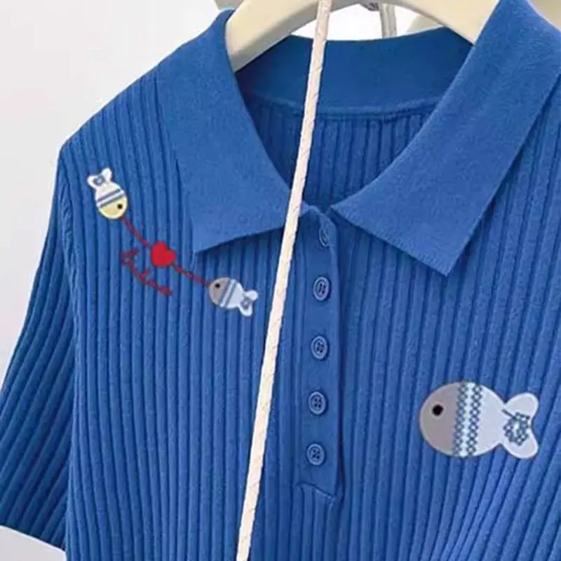 Primavera verão casual coreano bordado turn-down colarinho manga curta pullovers femme doce dos desenhos animados tricô camisetas femininas topos