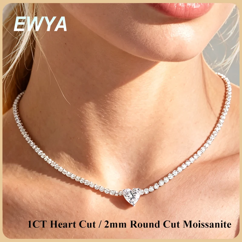 EWYA 1CT Heart Cut Moissanite Tennis Choker Necklace Women S925 Silver Full Pave 2mm Lab Diamond Stackable Neck Chain Jewelry