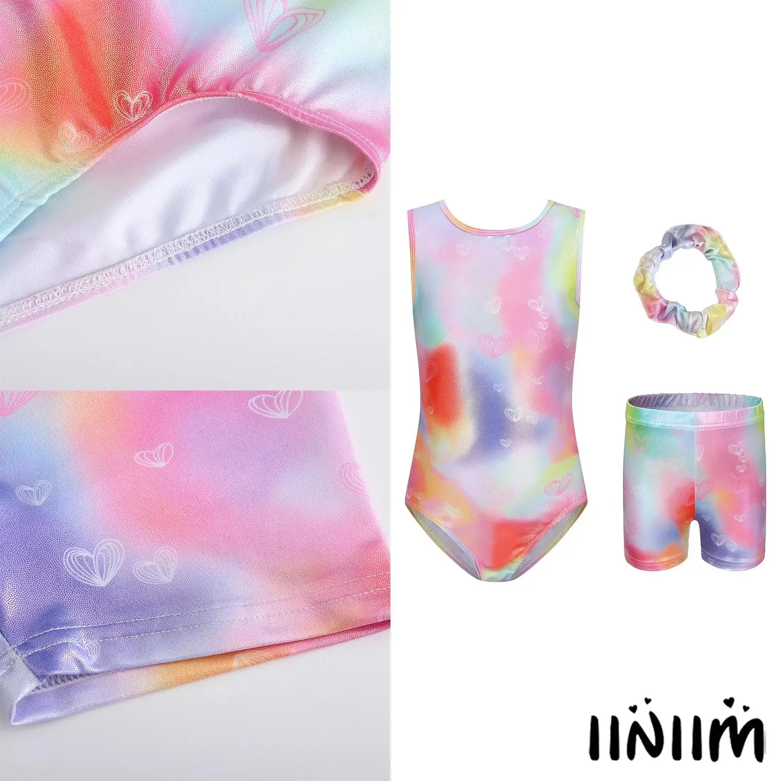 

‌Girls Heart Print Figure Skating Dance Leotard with Shorts Hairband Set Gymnastics Costume Sleeveless Elastic Waistband
