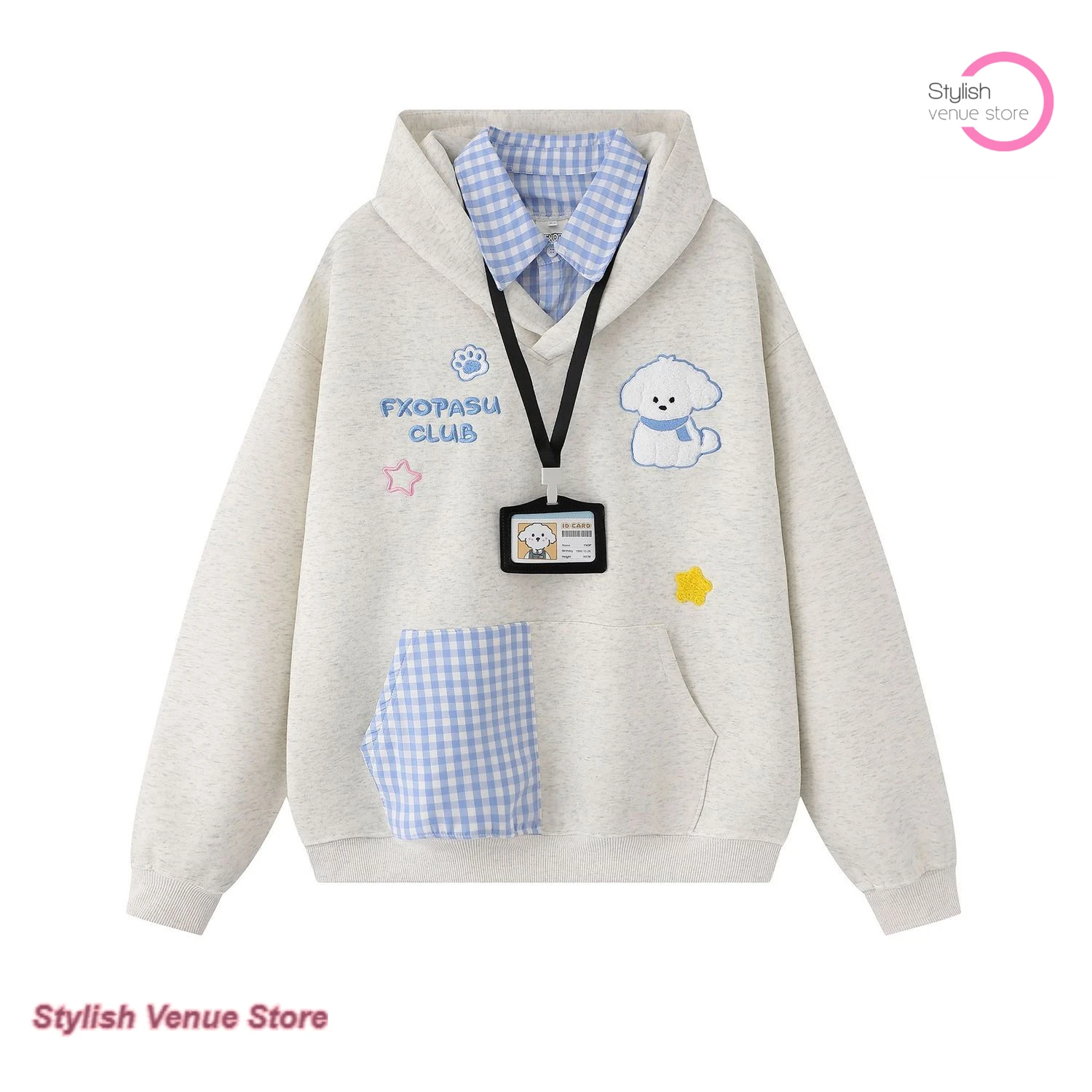 

Korean cute puppy embroidered plaid stitching fake two-piece sweater women's autumn and winter new loose college hooded coat