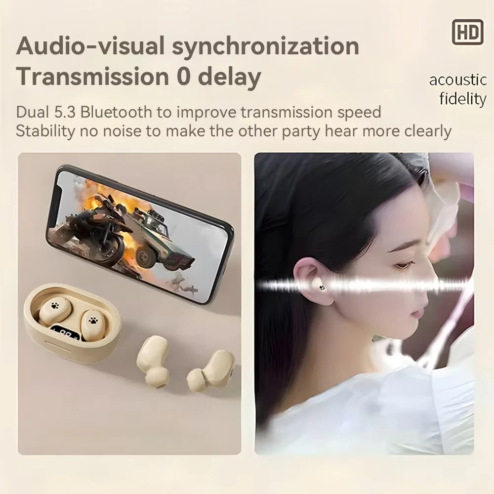 Cat Paw Print Bluetooth-hoofdtelefoon Power Display Bluetooth 5.3 Oortelefoon voor meisjes Intelligente aanraakbediening HIFI draadloze oortelefoon