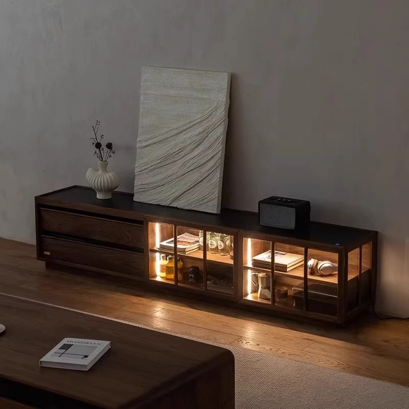 Black walnut solid wood TV cabinet, simple living room home floor solid wood small apartment glass with ambient light video cab
