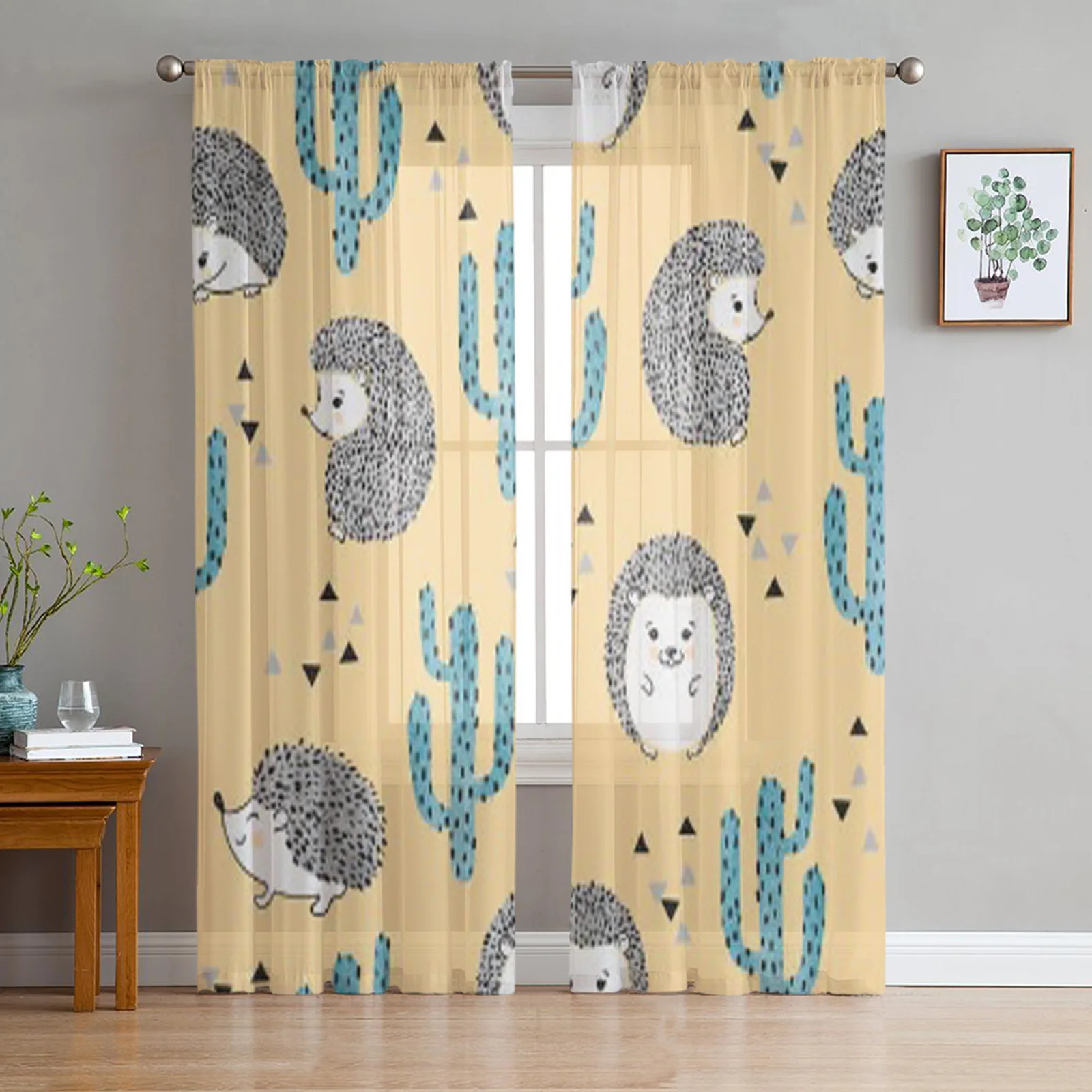 Hedgehog And Cactus Bay Window Screening Curtains Drape Panel Sheer Tulle For Living Room Bedroom Voile Organza Curtains