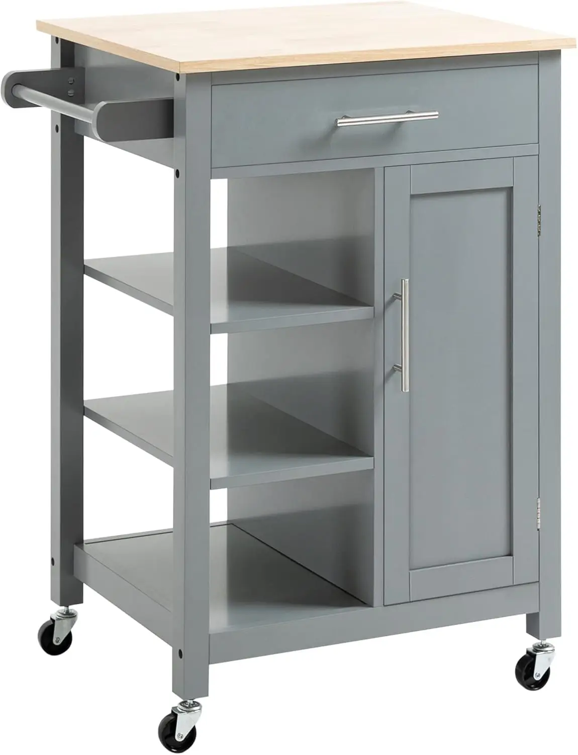 

Kitchen Island Cart, Rolling Kitchen Island with Storage Shelf, Solid Wood Top, Drawer, for Dining Room, Gray