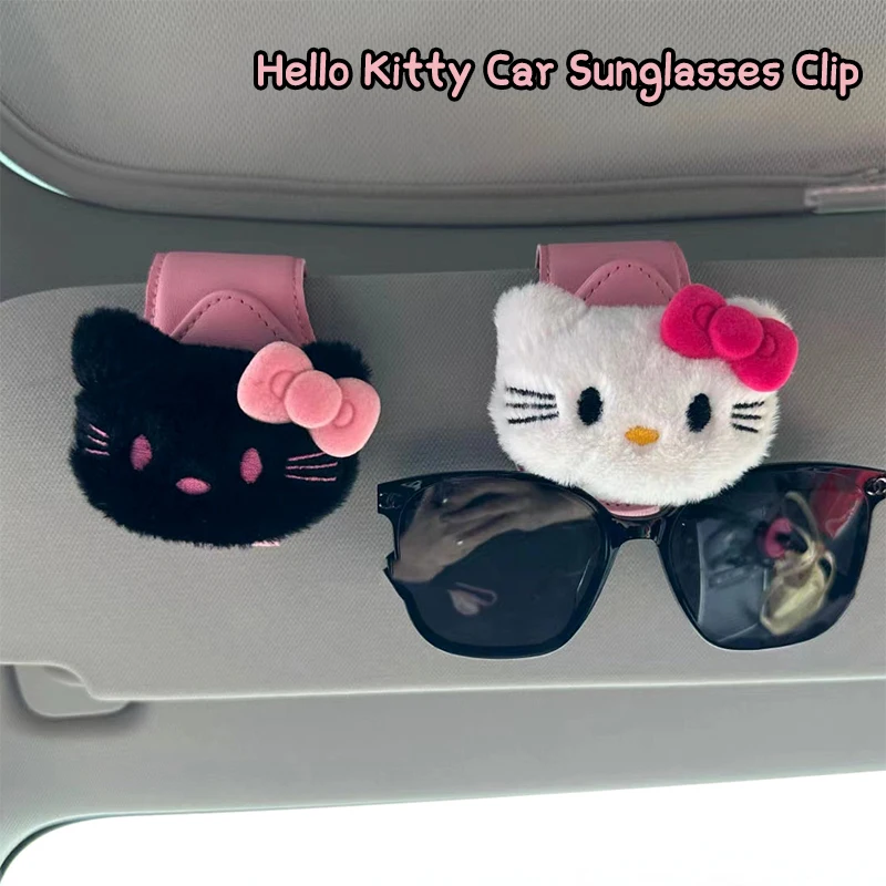 Kawaii Sanrio Hello Kitty Plush Car Sunglasses Clip Sanrio KT Cat Auto Sun Visor Glasses Holder Glasses Support Bracket