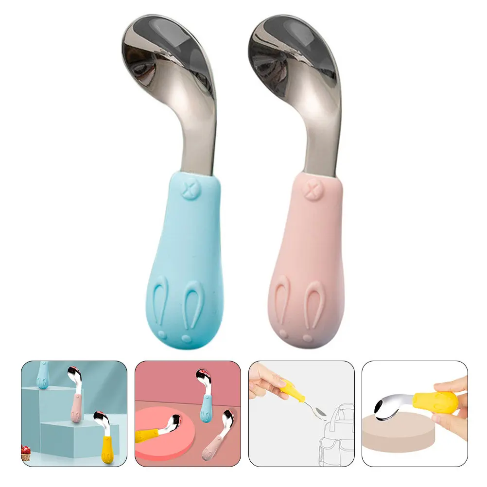 

2Pcs Silicone Baby Spoon with Stainless Steel Handle Safe Infant Feeding Spoon Toddler Learning Eating Utensils