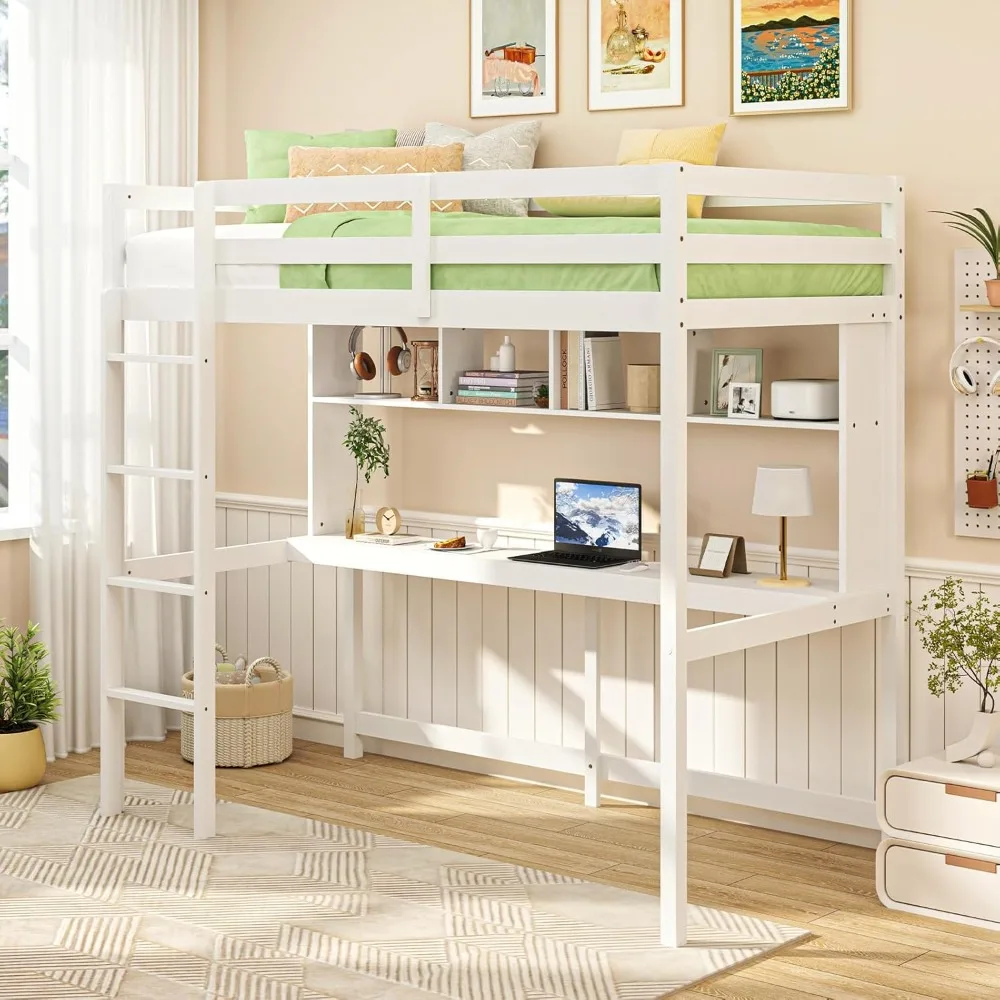

Twin Loft Bed with Desk & Bookcase, Solid Wood Loft Bed Frame w/Safety Guardrails & Ladder, Space-Saving Twin Size Bed F