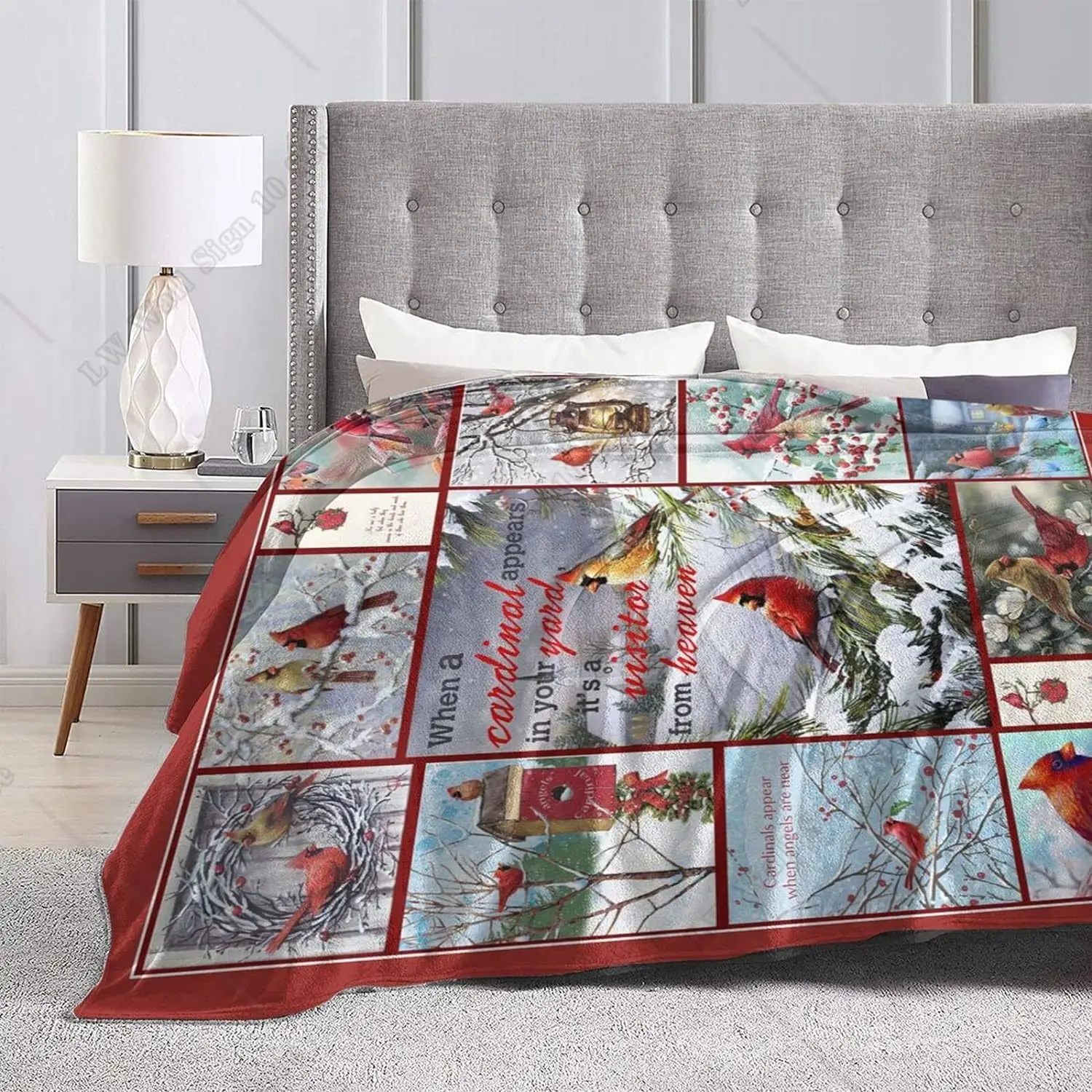 Red Christmas Birds Patchwork  Fleece Sofa Blanket Comfy Camping Lap Blanket Super Soft Noon Break Blanket for Office Home Car