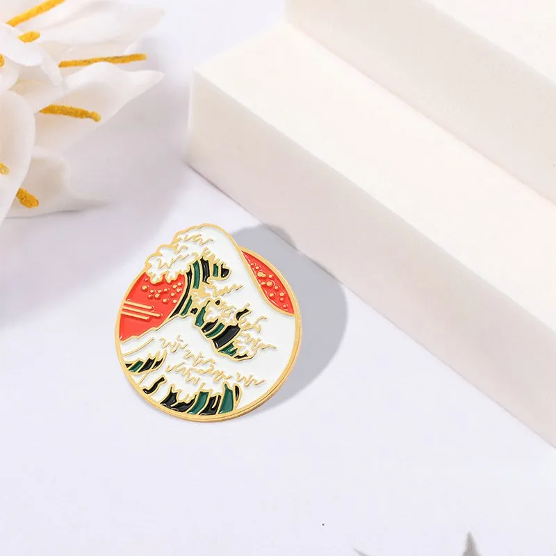 Pin Custom Ocean Wave Mount Fuji Brooch Badges Bag Shirt Lapel Pin Buckle Cartoon Jewelry Gift for Friends Japanese Style Enamel