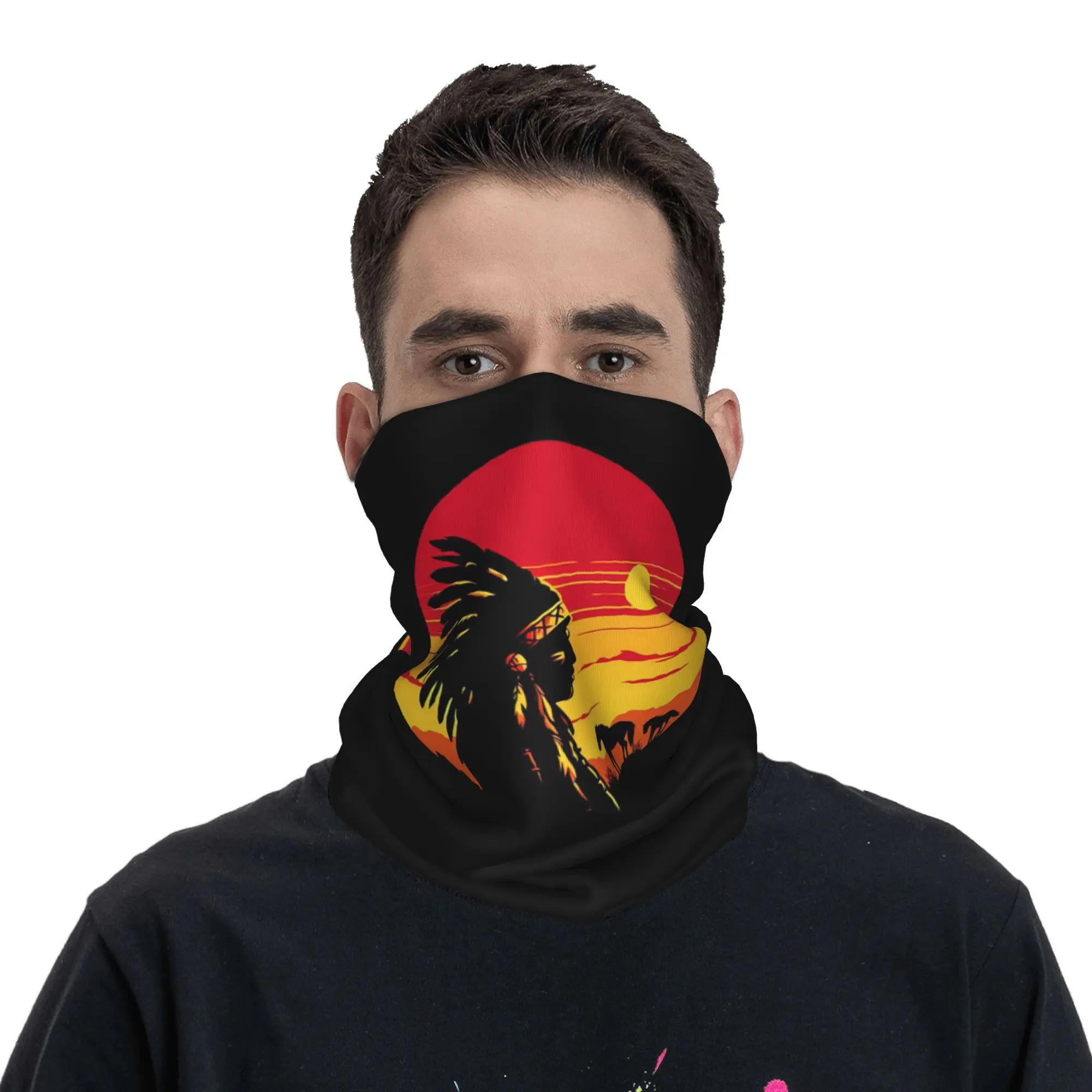 Sunset Ethnic Style Wolf Bandana Neck Cover Printed Face Scarf Headwear Outdoor Sports for Men Women Adult Breathable