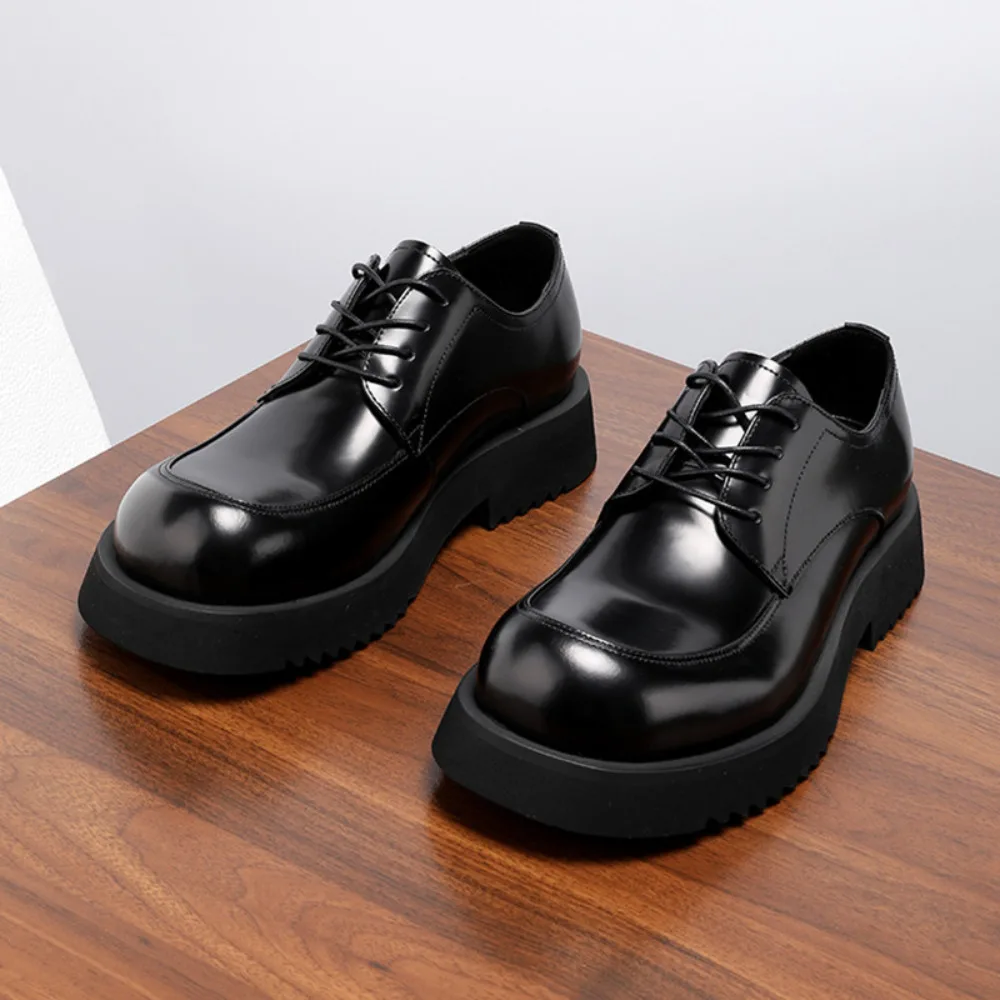 Genuine Leather Derby Shoes for Men Fashion Thick Sole Glossy Breathable High-end Business Casual Leather Shoes for Summer