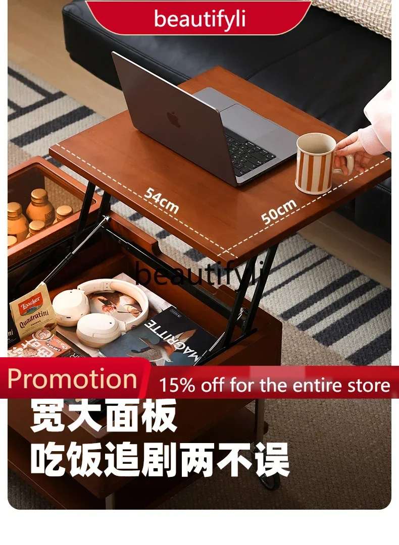 X188 Nordic retro solid wood lifting coffee table removable side cart storage tea table