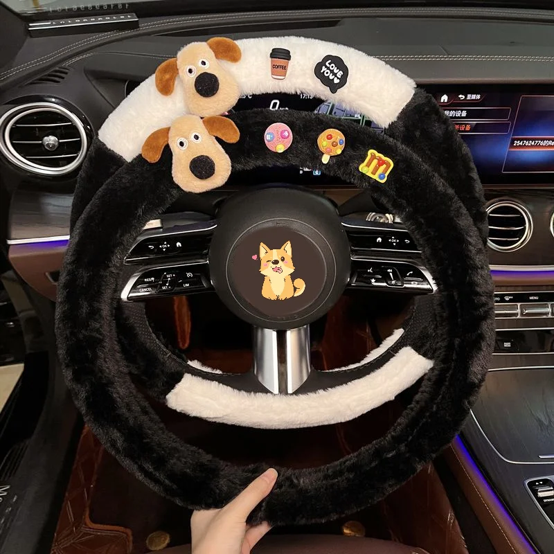 

New Winter Plush Steering Wheel Cover Decorated with Cute Cartoon Dog Anti-skid Warm Car Handle Cover Car Accessories Interior