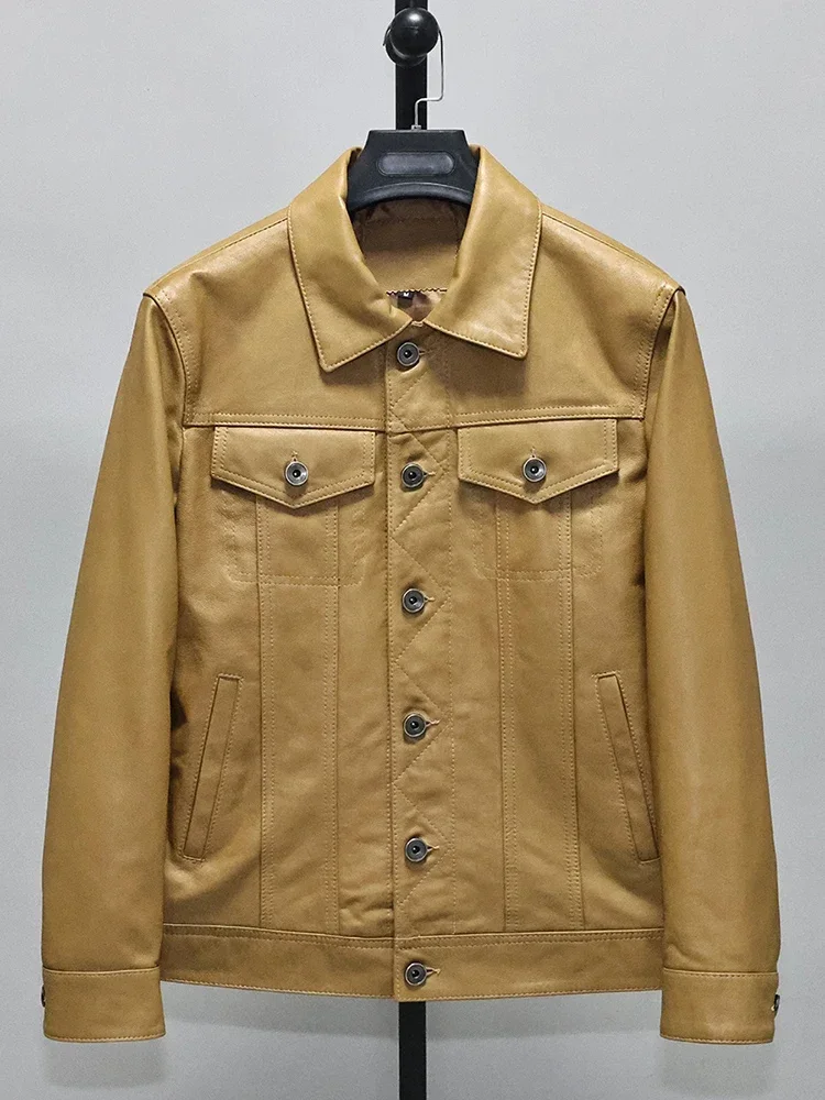 Men's Spring and Autumn Coat Genuine 100% Real Leather Natural Sheepskin Lambskin Jacket for Male High Street Outerwear Yellow