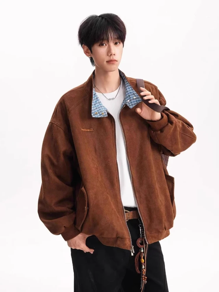 

American Vintage Suede Varsity Jacket Men Brown Plaid Paneled Baseball Coat Oversized Two-Tone Plaid Collar Spring Jacket