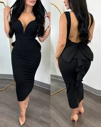 Sexy Plunge Ruffle Dresses for Women Elegant Thick Straps Deep V Neck Bow Decoration Backless Midi Sexy Formal Party Dress