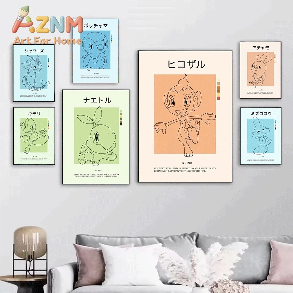Minimal Line Art Gastly Pokemon Info Sheet Canvas Wall Art No Frame Simple Anime Character Print Poster for Kids Bedroom Livin