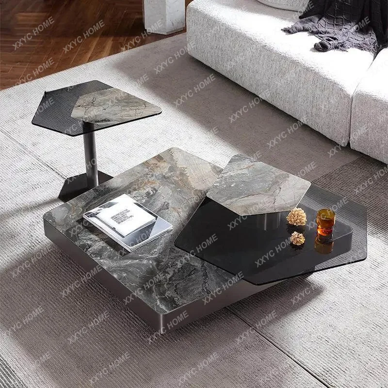 minimalist special-shaped rock slab coffee table, living room, high-end rotating irregular natural marble coffee table